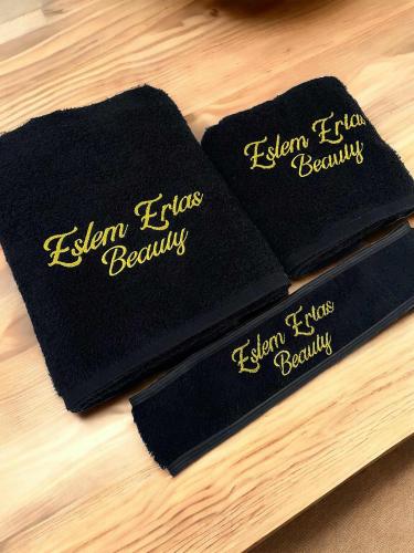 Logolu güzellik salonu havlu seti - siyah üçlü set 